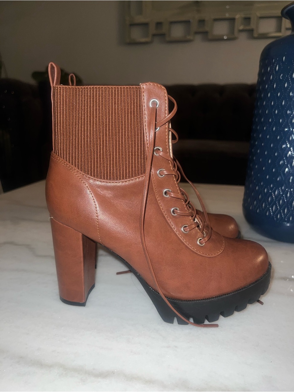 Chase + Chloe Brown Lace-Up Chunky Heel Ankle Boots